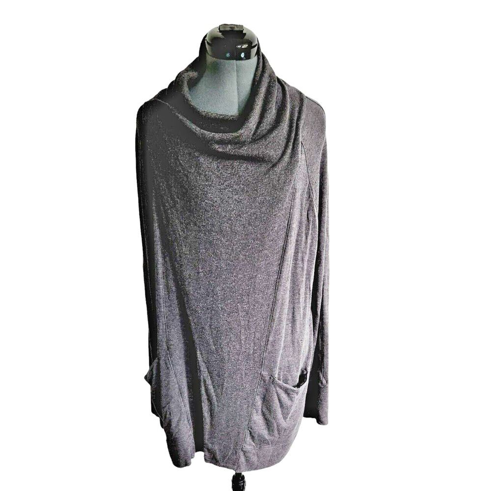 Athleta Womens Gray Heathered Draped Open Front Cardigan Cowl Neck Pockets L
